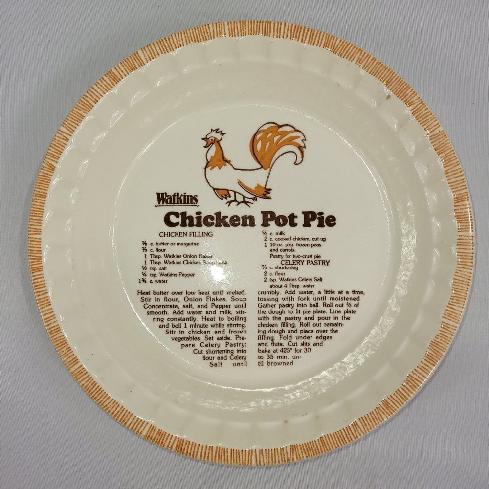 Watkins Chicken Pot Pie 11" Vintage 1983 Ceramic Recipe Baking Dish